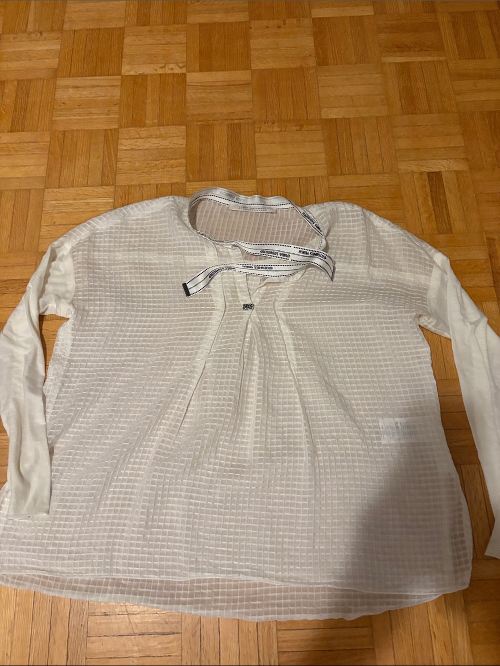 Beate Heymann Lightweight White Sheer Blouse with Ribbon Neck Tie.